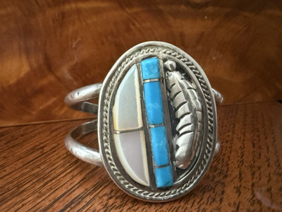 Vintage Large Gilbert Ortega 925 Turquoise & MOP Native American Cuff Signed 