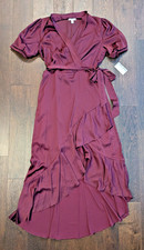 New Nine West Wrap Midi Dress, Maddie Plum/Burgundy, Bridesmaid Dress, Large