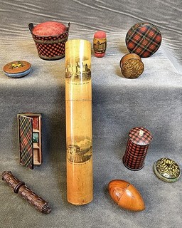 Collection of 8 Antique Mauchline Ware mainly Sowing Interest items. Treen.