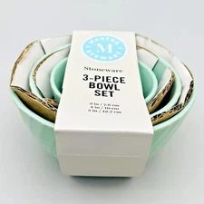 Martha Stewart 3 Piece Stoneware Mini Prep Bowl Set Green Vintage Cottage Style