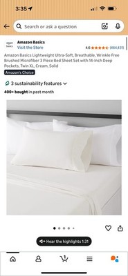 Amazon Basics Microfiber 3 Piece Bed Sheet Set Twin XL, Cream