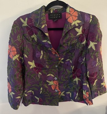 Finity Studio Silk Jacket Blazer Women s 6 Purple Embroidered Colorful Flowers