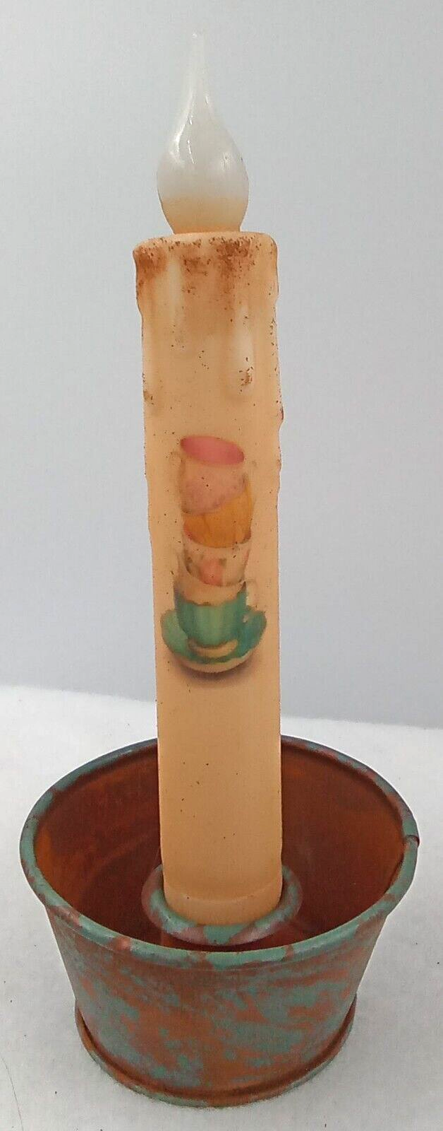 Rustic Green Metal Teacup Holder with 7 Inch Battery LED Taper Candle