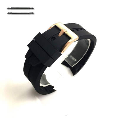 Rubber Silicone Curved End Black Replacement Watch Band Rose Gold Buckle #4514