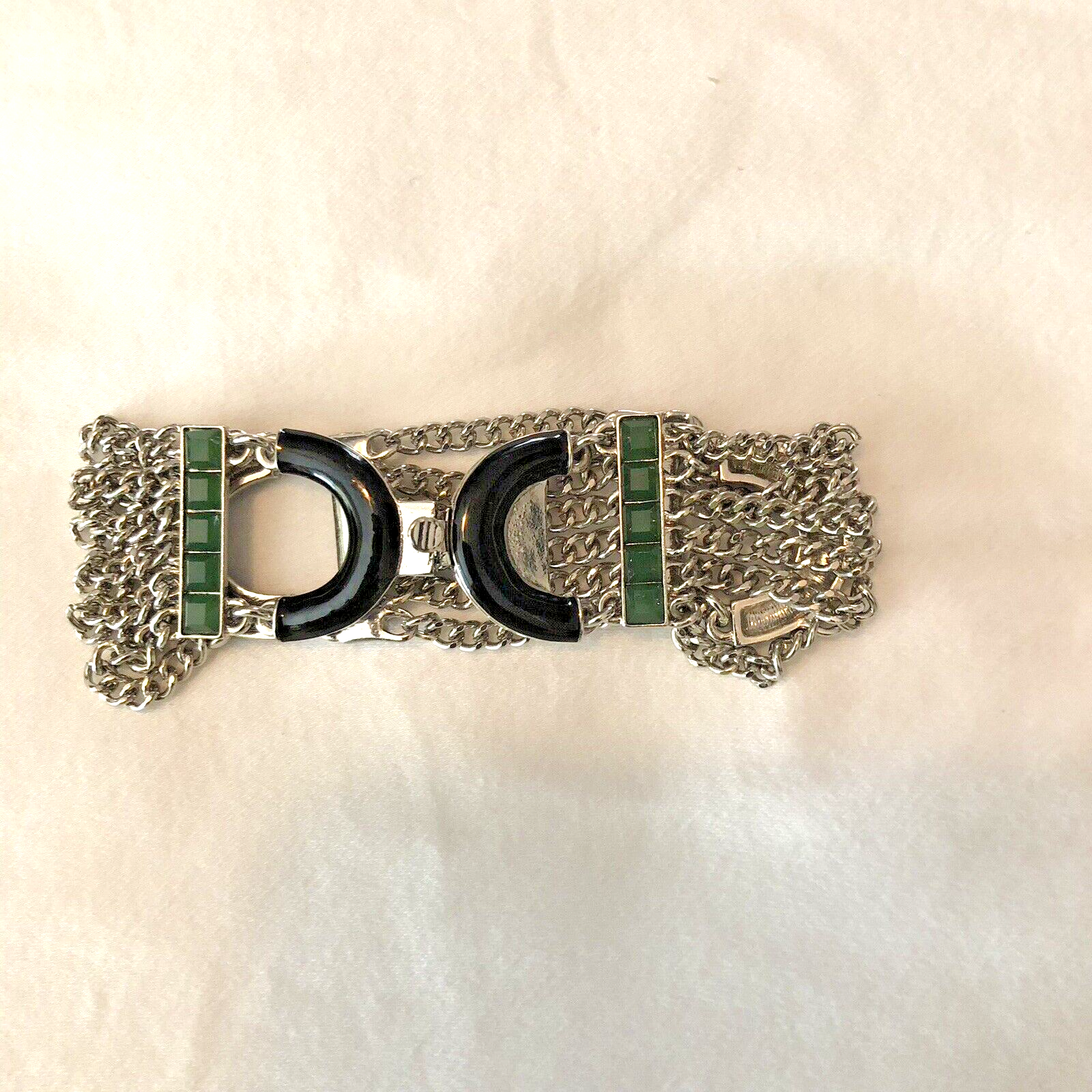 Vintage Silver-Tone Bracelet with Onyx and Jade Stones in Excellent Preowned Condition-image
