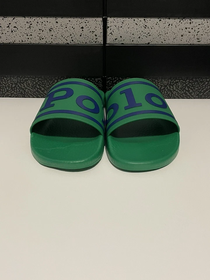 Nuevo Polo Ralph Lauren Cayson Logo Slide Verde/Azul Marino Para Hombres Talla 13 Deletreado RARO Foto 2 de 4