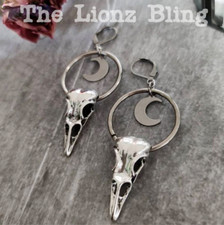 Goth Emo Punk Crow Skull with Half-Moon Dangle Hoop Earrings - 3 1/4" Drop