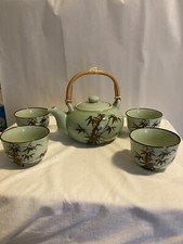 L/ G Oriental Bamboo Branches And Leaves Design Porcelain Tea Pot And 4 Cups Set