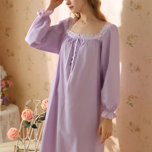 Women's Cotton Nightgown Princess Square Neck Long Sleeve Sleep Dress - Picture 48 of 53