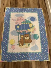 Vtg Pastel Teddy Bear Baby Blanket Crib Quilt Hot Air Balloon Heart Stitches