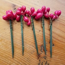 Lot of (5) Short Christmas Red Berry Artificial Wired Stems for Floral Arranging