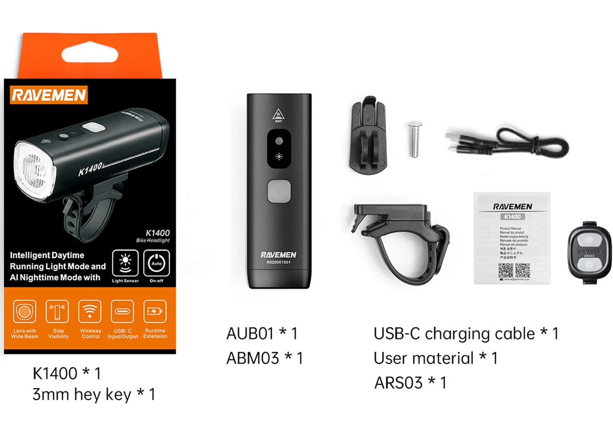Ravemen Bike Front Light Bicycle Headlight Mount Wireless Rechargeable 4000mAh