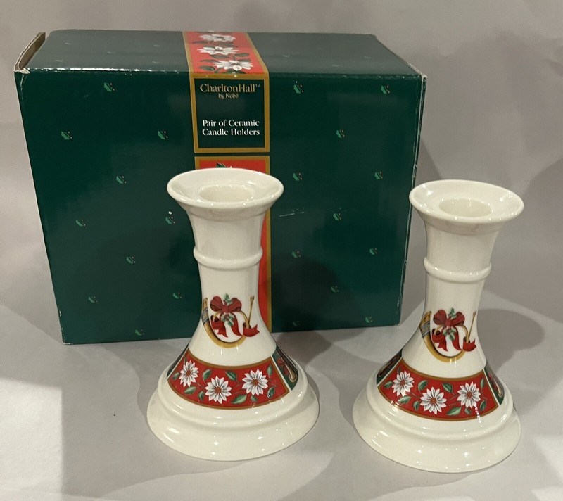 Kobe China - CHARLTON HALL Christmas Set Of 2 Candle Stick Holders NIB