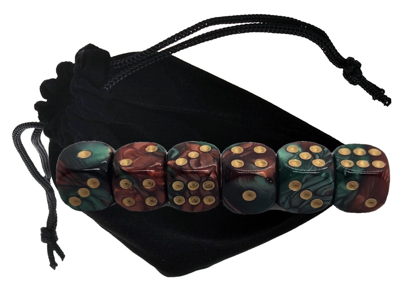 Set of (6) 16mm Pearlized Dual Color Green Red Dice Gold Pips + Storage Pouch