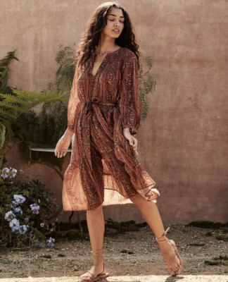 Doen Normandy Dress S 6 Women Casual Smocked Printed Flared Midi Maxi NEW 29375