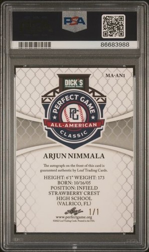 2022 Perfect Game AUTO Orange Mojo 1/1 AARJUN NIMMALA Toronto Blue Jays PSA 9 - Picture 2 of 2