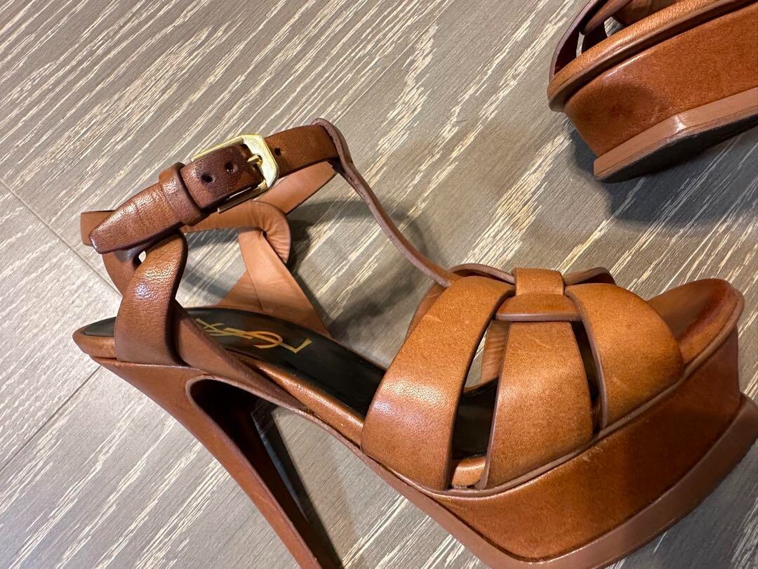 YSL Yves Saint Laurent Brown Leather Tribute Platform Sandals