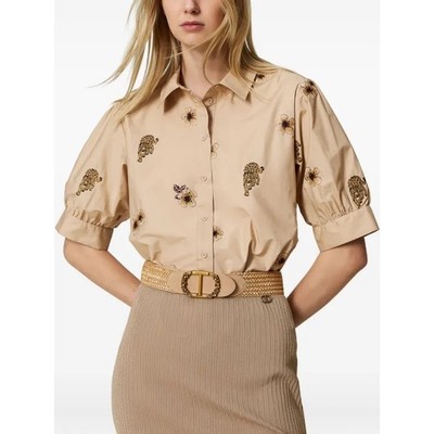 Twinset Milano All-Over Embroidery Shirt Beige Jaguar Floral Embroidery Sz 40/S