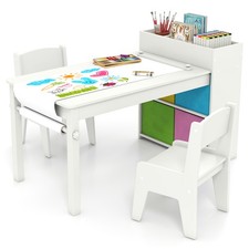 COSTWAY Kids Art Table&Chairs Set Wooden Kids Craft Study Desk w/Storage-White