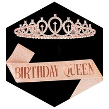 Rose Gold Rhinestone Tiara with Glitter Birthday Queen Sash, Birthday Party New