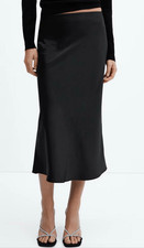 Mango $80 Satin Midi Skirt Black Slip Skirt Elastic Waist Fluid M NEW