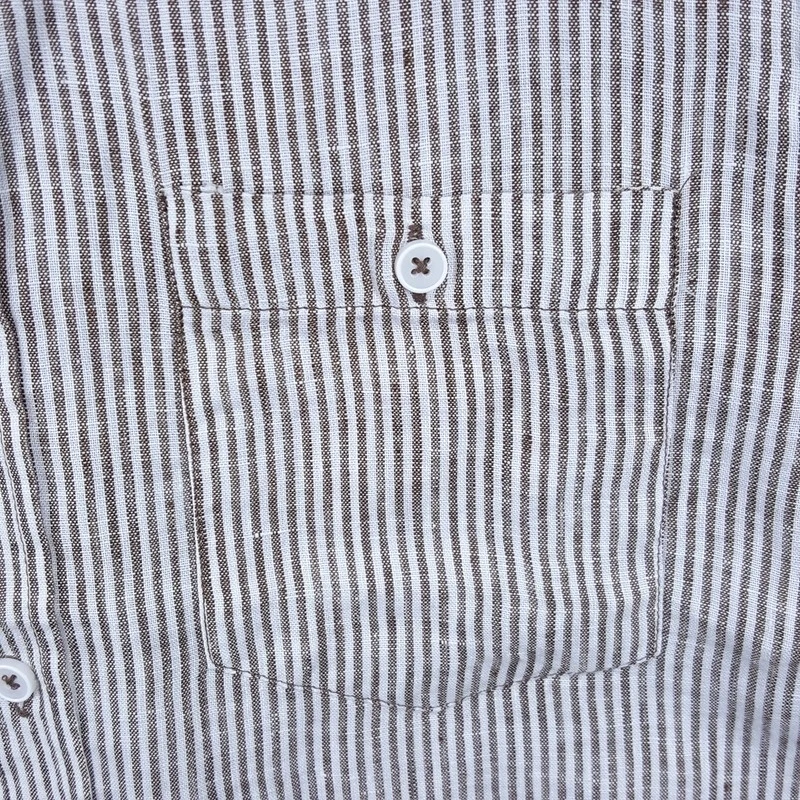 HERITAGE Shirt Mens Large Tan Brown Stripe Button Up Short Sleeve 100% Linen - Image 3 of 4