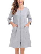 Women's 3/4 Sleeve Robes Zip Up Front Nightgowns Housecoat Cotton Loungewear ...