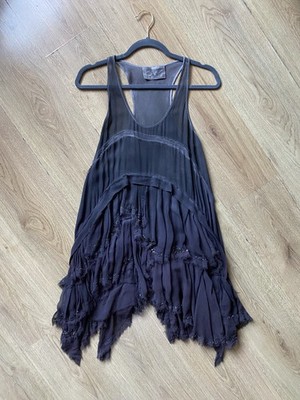 All Saints Eider Silk Top Asymmetrical Ruffles Hem Black Brown 6 / XS 