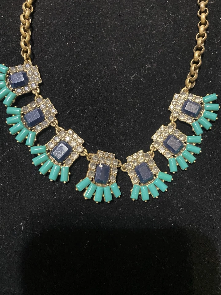 J.Crew заявление ожерелье зеленый синий Rhinenstone нагрудник коренастый золотистый цепочка 20» - Изображение 2 из 4