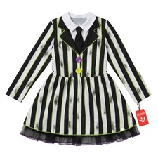 Girls Beetlejuice Costume Black White Striped Horror Dress Halloween 4 - 14 yrs