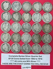 Complete Barber Silver Quarters Date Set of 25 Coins dated 1892-1916 #Q570