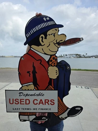 HUGE VINTAGE DEPENDABLE USED CARS PORCELAIN SIGN GAS AUTO SALES 30" X 21.5"*
