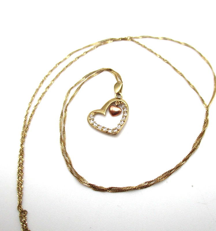 10K Yellow Gold Clear Stone Heart Pendant Necklace Singapore Chain 20" [N136]