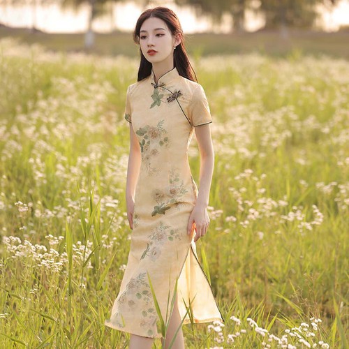Chinese Traditional Dress Yellow Cheongsam Modern Flower Print Oriental Qipao