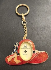 Red Hat Society Mini Picture Frame Keychain Gold Tone Enamel Red Hat, Flowers