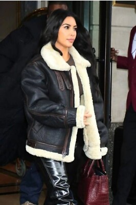 Kim Kardashian B3 Bomber RAF Aviator Shearling Fur Real Sheepskin Leather Jacket