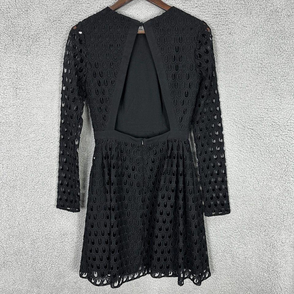 Cynthia Rowley Fit & Flare Dress Womens 4 Black Eyelet Crochet Long Sleeve Boho - Image 2 of 4