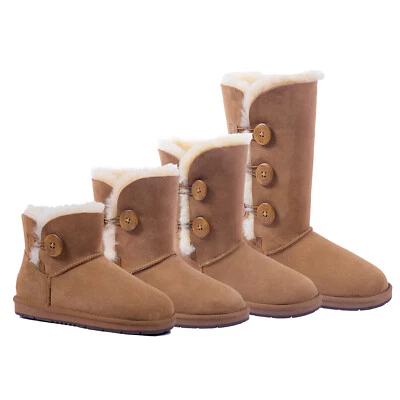AUZLAND UGG Button Boots Womens Mens Mini Short Tall Classic Sheepskin Non-Slip Chestnut