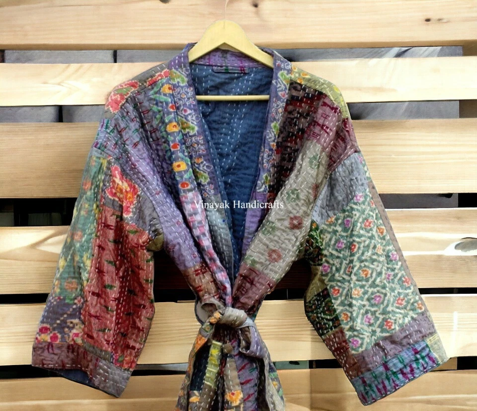 Indian Patchwork Kantha Jacket, Soft Silk Kantha Jacket, Cotton Bath Robe Kimono - Изображение 3 из 4