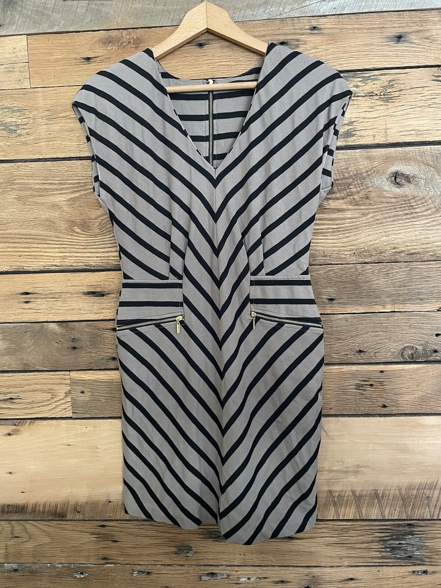 Ark & Co. Chevron Stripe V-Neck Dress Brown Black Zip Pockets Short Sleeve M