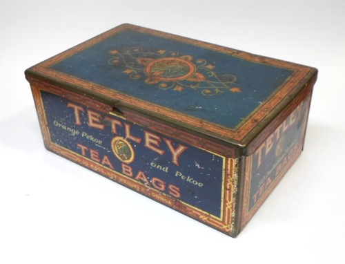 Vintage TETLEY TEA BAGS TIN Hinged Lid Elephant Logo Held 30 Bags 5.25" Empty