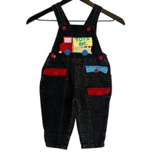 Vintage 90s Hush Puppies Toddler Corduroy Overalls Boys Black Truck - 12-18 18M