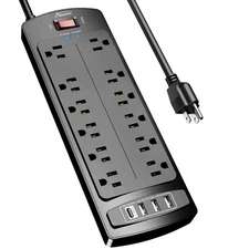 Surge Protector Power Strip 12 Outlets 4 USB 6ft Cord 2700J ETL Listed Black