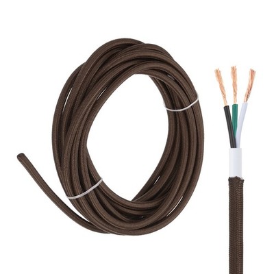 15Ft 18AWG 3 Conductor 300V Cloth Covered Lamp Wire Cord, Dark Brown