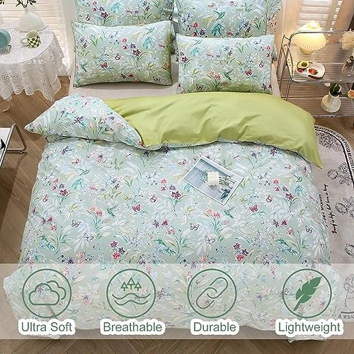  Juego de funda nórdica 100 % algodón tamaño doble 3 piezas mariposa doble-3 piezas verde floral Foto 3 de 4