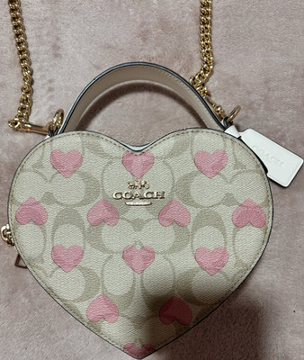 Coach Heart-Shaped Crossbody Bag Beige Pink Hearts Gold Chain Logo