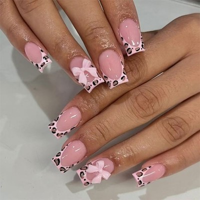 24Pieces Square Faux Nail with 3D Bows Pink Leopard Press On French Tip Nail