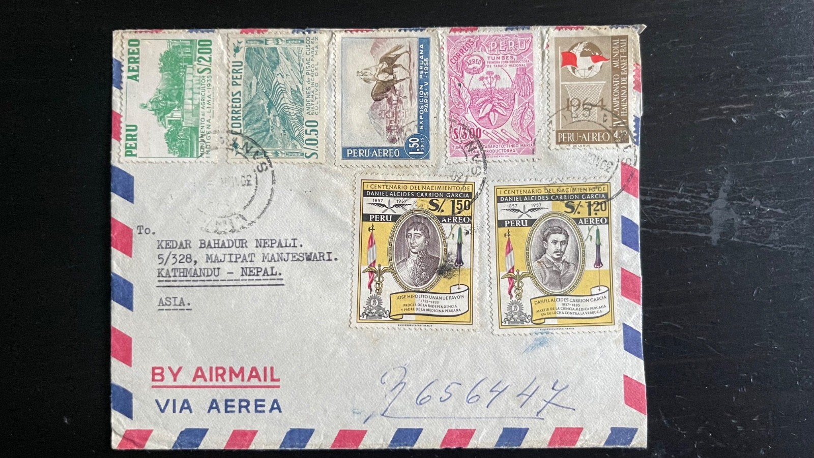 Vintage 1957 Peru Airmail Cover to Nepal – Multicolored Stamp Franking