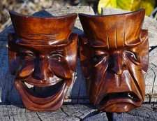 VINTAGE Hand Carved Wood Tiki Masks Comedy  Tragedy Pair 1960's