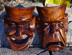 VINTAGE Hand Carved Wood Tiki Masks Comedy & Tragedy Pair 1960's